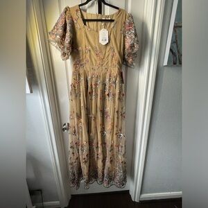 Embroidered Floral Mesh Maxi Dress - Beige